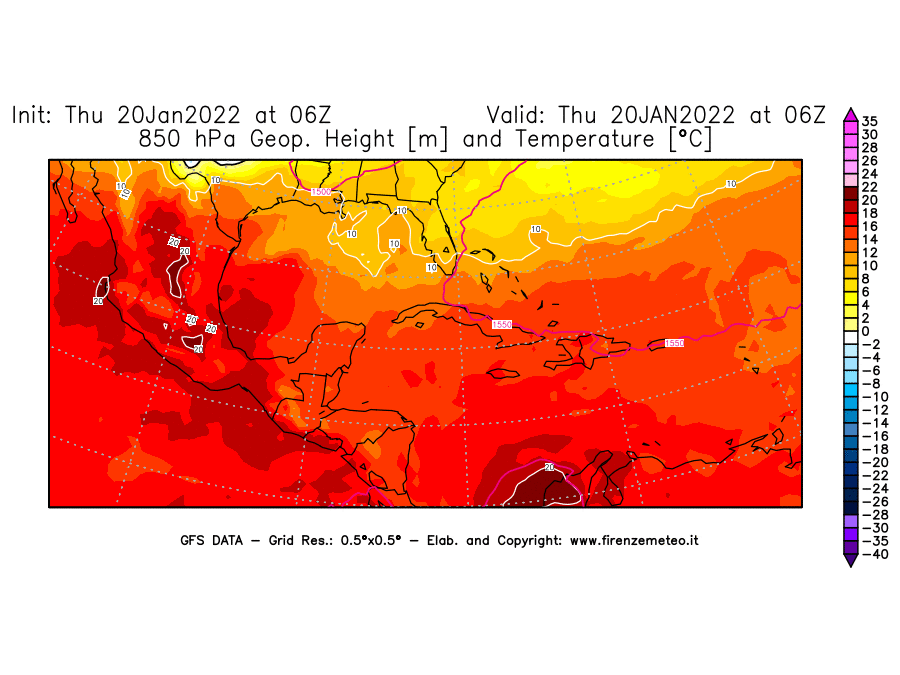 Mappa di analisi GFS - Geopotenziale [m] e Temperatura [°C] a 850 hPa in Centro-America
							del 20/01/2022 06 <!--googleoff: index-->UTC<!--googleon: index-->