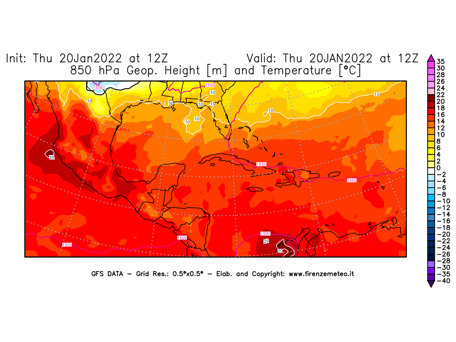 Mappa di analisi GFS - Geopotenziale [m] e Temperatura [°C] a 850 hPa in Centro-America
							del 20/01/2022 12 <!--googleoff: index-->UTC<!--googleon: index-->