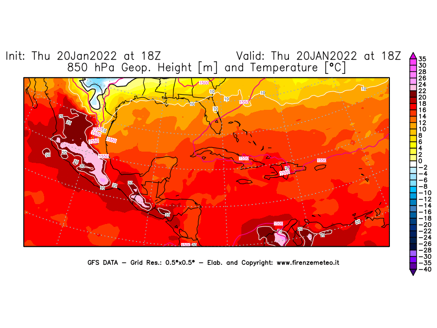 Mappa di analisi GFS - Geopotenziale [m] e Temperatura [°C] a 850 hPa in Centro-America
							del 20/01/2022 18 <!--googleoff: index-->UTC<!--googleon: index-->