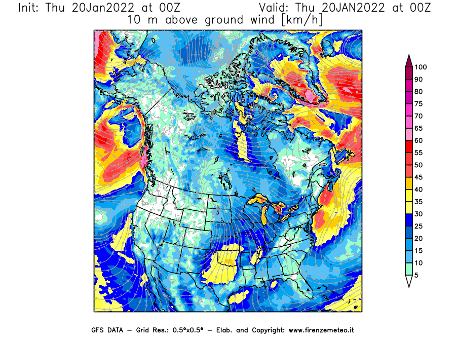 Mappa di analisi GFS - Velocità del vento a 10 metri dal suolo [km/h] in Nord-America
							del 20/01/2022 00 <!--googleoff: index-->UTC<!--googleon: index-->