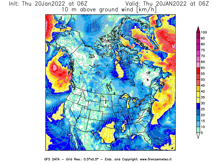 Mappa di analisi GFS - Velocità del vento a 10 metri dal suolo [km/h] in Nord-America
							del 20/01/2022 06 <!--googleoff: index-->UTC<!--googleon: index-->