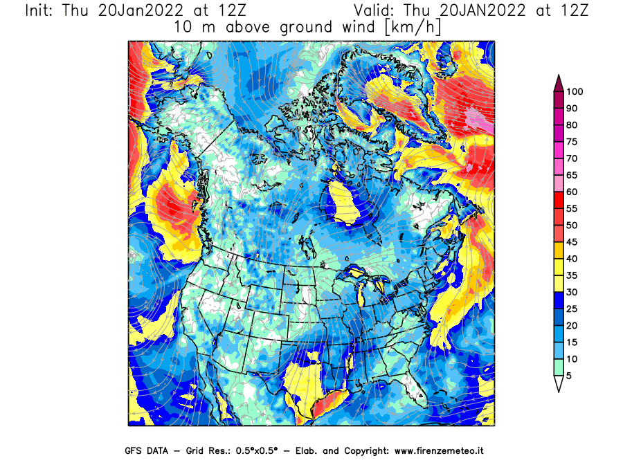 Mappa di analisi GFS - Velocità del vento a 10 metri dal suolo [km/h] in Nord-America
							del 20/01/2022 12 <!--googleoff: index-->UTC<!--googleon: index-->