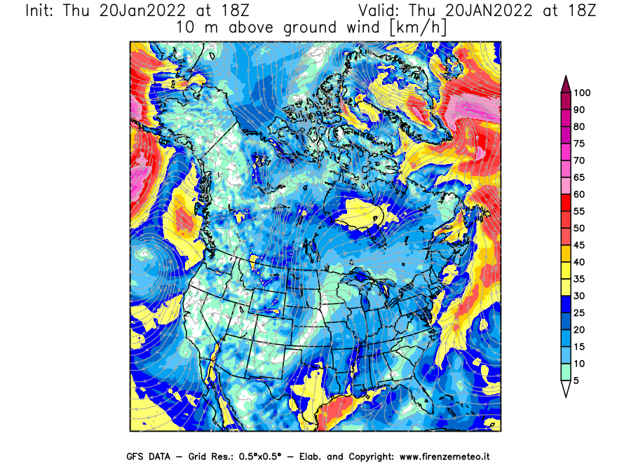 Mappa di analisi GFS - Velocità del vento a 10 metri dal suolo [km/h] in Nord-America
							del 20/01/2022 18 <!--googleoff: index-->UTC<!--googleon: index-->