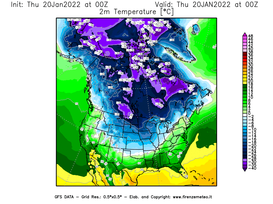 Mappa di analisi GFS - Temperatura a 2 metri dal suolo [°C] in Nord-America
							del 20/01/2022 00 <!--googleoff: index-->UTC<!--googleon: index-->
