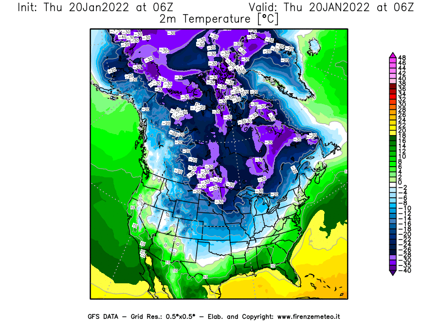 Mappa di analisi GFS - Temperatura a 2 metri dal suolo [°C] in Nord-America
							del 20/01/2022 06 <!--googleoff: index-->UTC<!--googleon: index-->