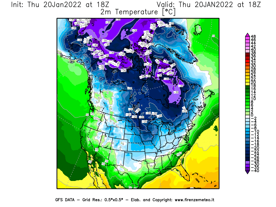 Mappa di analisi GFS - Temperatura a 2 metri dal suolo [°C] in Nord-America
							del 20/01/2022 18 <!--googleoff: index-->UTC<!--googleon: index-->