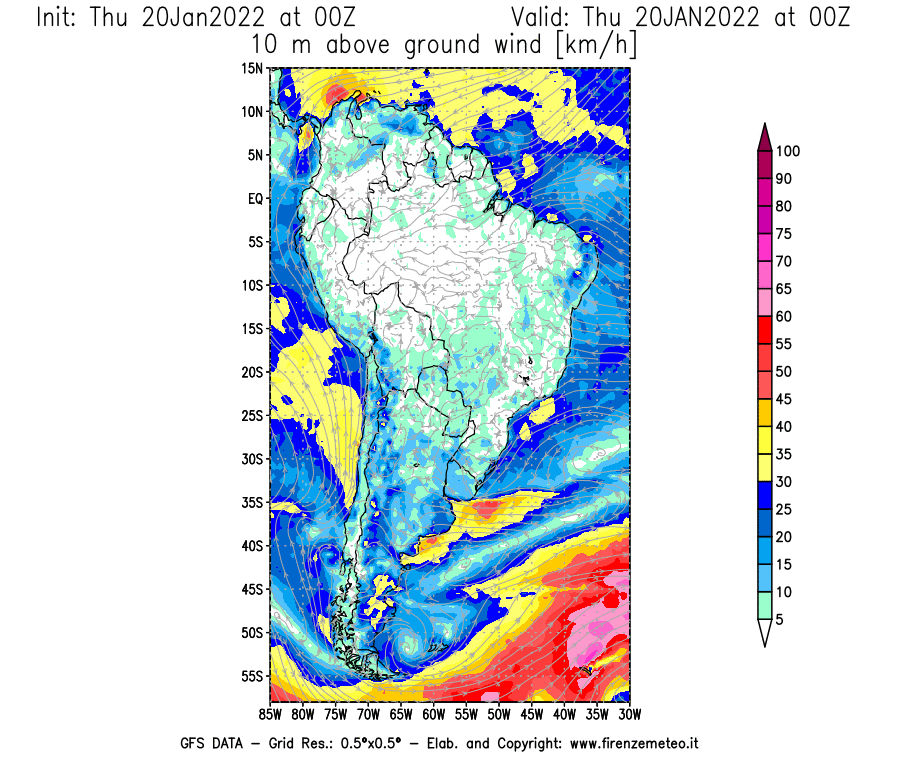 Mappa di analisi GFS - Velocità del vento a 10 metri dal suolo [km/h] in Sud-America
							del 20/01/2022 00 <!--googleoff: index-->UTC<!--googleon: index-->