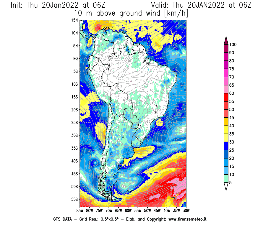 Mappa di analisi GFS - Velocità del vento a 10 metri dal suolo [km/h] in Sud-America
							del 20/01/2022 06 <!--googleoff: index-->UTC<!--googleon: index-->