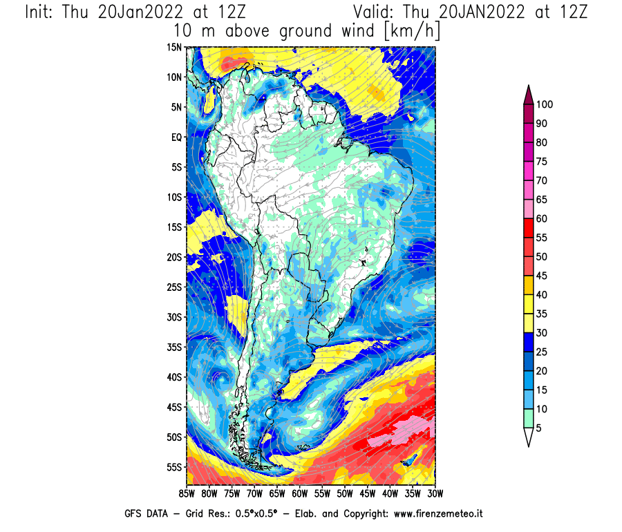 Mappa di analisi GFS - Velocità del vento a 10 metri dal suolo [km/h] in Sud-America
							del 20/01/2022 12 <!--googleoff: index-->UTC<!--googleon: index-->