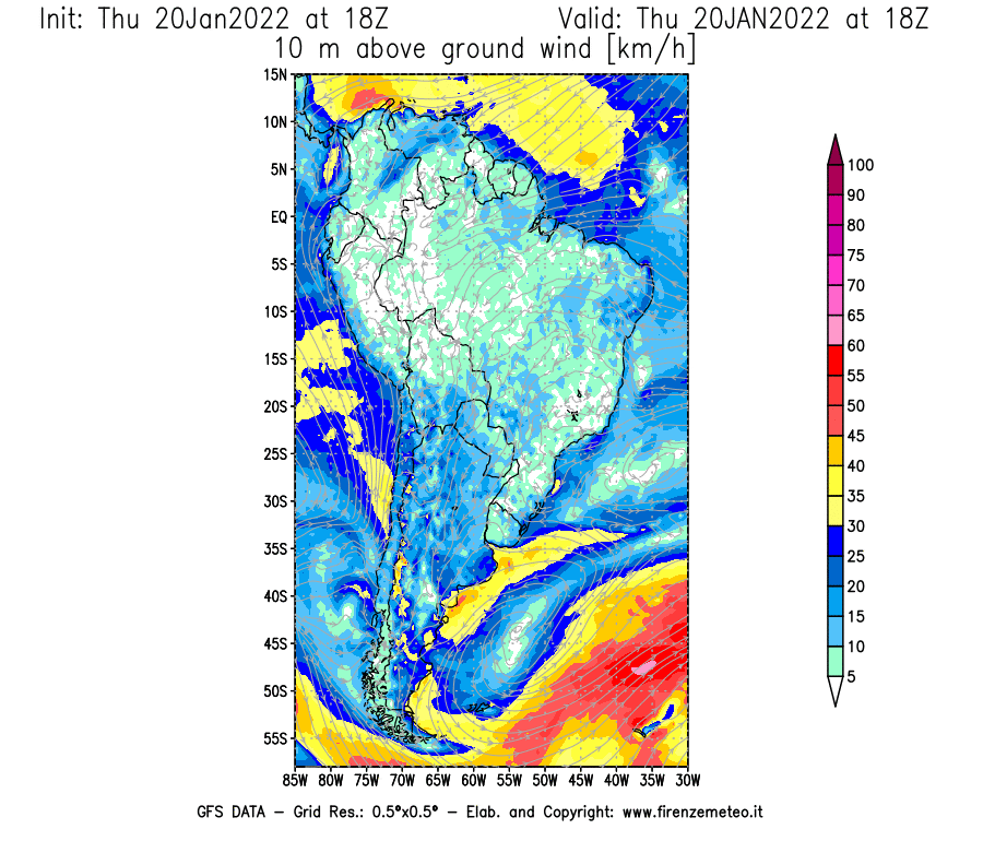 Mappa di analisi GFS - Velocità del vento a 10 metri dal suolo [km/h] in Sud-America
							del 20/01/2022 18 <!--googleoff: index-->UTC<!--googleon: index-->