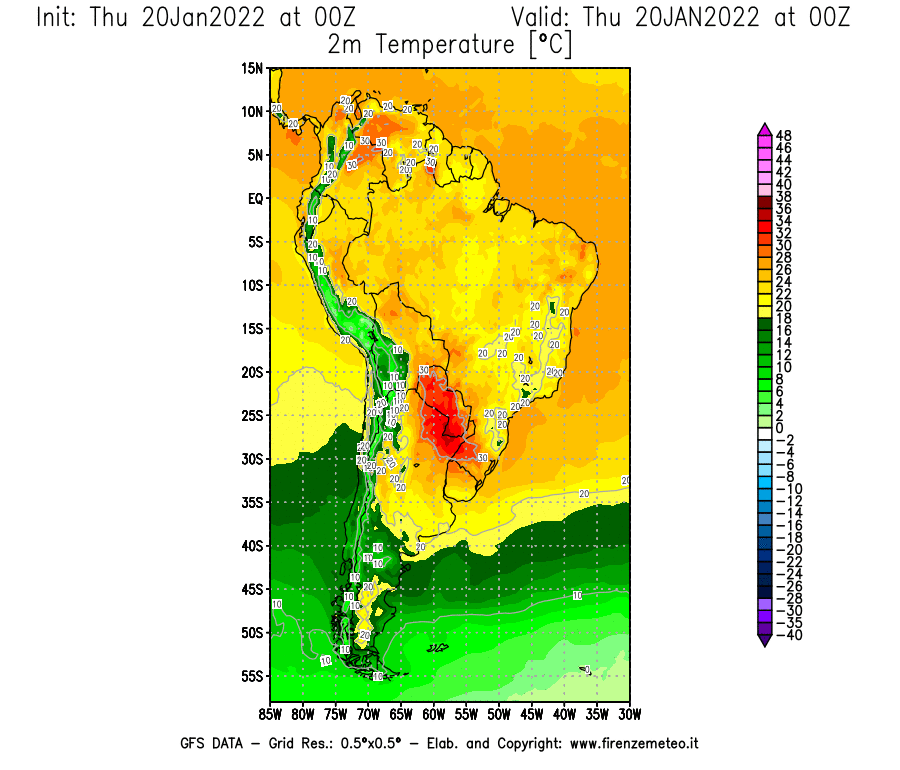 Mappa di analisi GFS - Temperatura a 2 metri dal suolo [°C] in Sud-America
							del 20/01/2022 00 <!--googleoff: index-->UTC<!--googleon: index-->