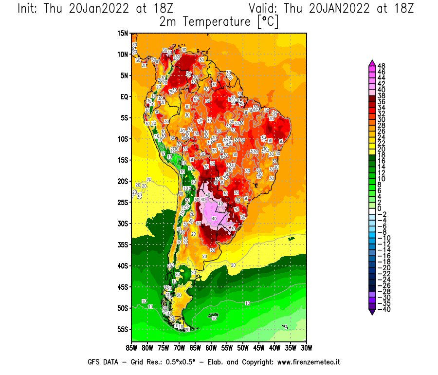 Mappa di analisi GFS - Temperatura a 2 metri dal suolo [°C] in Sud-America
							del 20/01/2022 18 <!--googleoff: index-->UTC<!--googleon: index-->