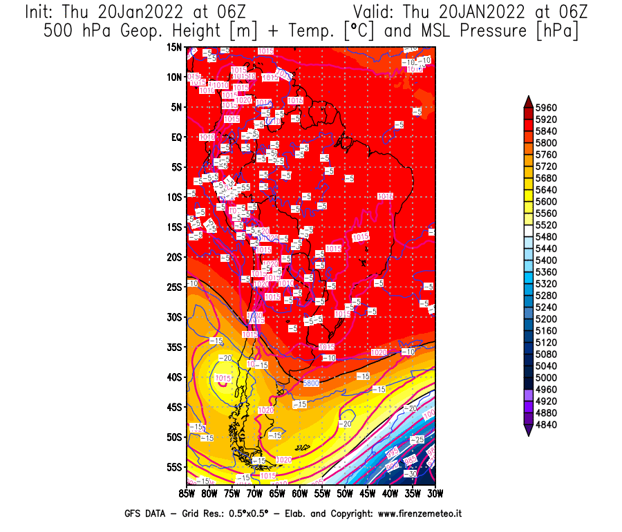 Mappa di analisi GFS - Geopotenziale [m] + Temp. [°C] a 500 hPa + Press. a livello del mare [hPa] in Sud-America
							del 20/01/2022 06 <!--googleoff: index-->UTC<!--googleon: index-->