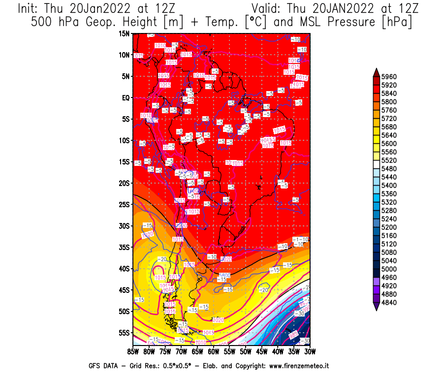 Mappa di analisi GFS - Geopotenziale [m] + Temp. [°C] a 500 hPa + Press. a livello del mare [hPa] in Sud-America
							del 20/01/2022 12 <!--googleoff: index-->UTC<!--googleon: index-->