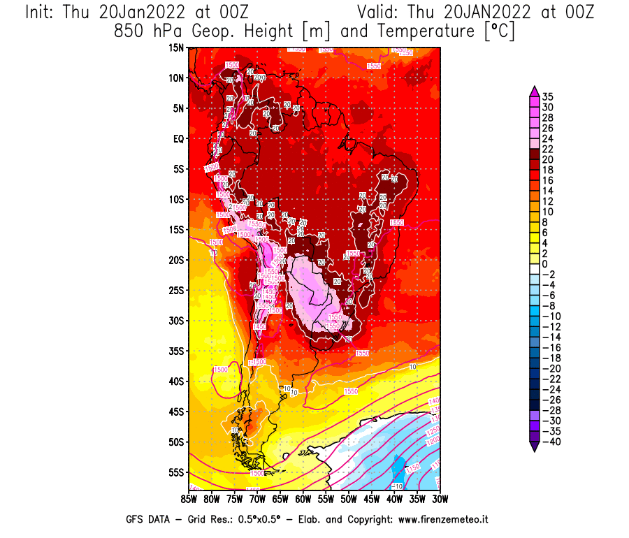 Mappa di analisi GFS - Geopotenziale [m] e Temperatura [°C] a 850 hPa in Sud-America
							del 20/01/2022 00 <!--googleoff: index-->UTC<!--googleon: index-->