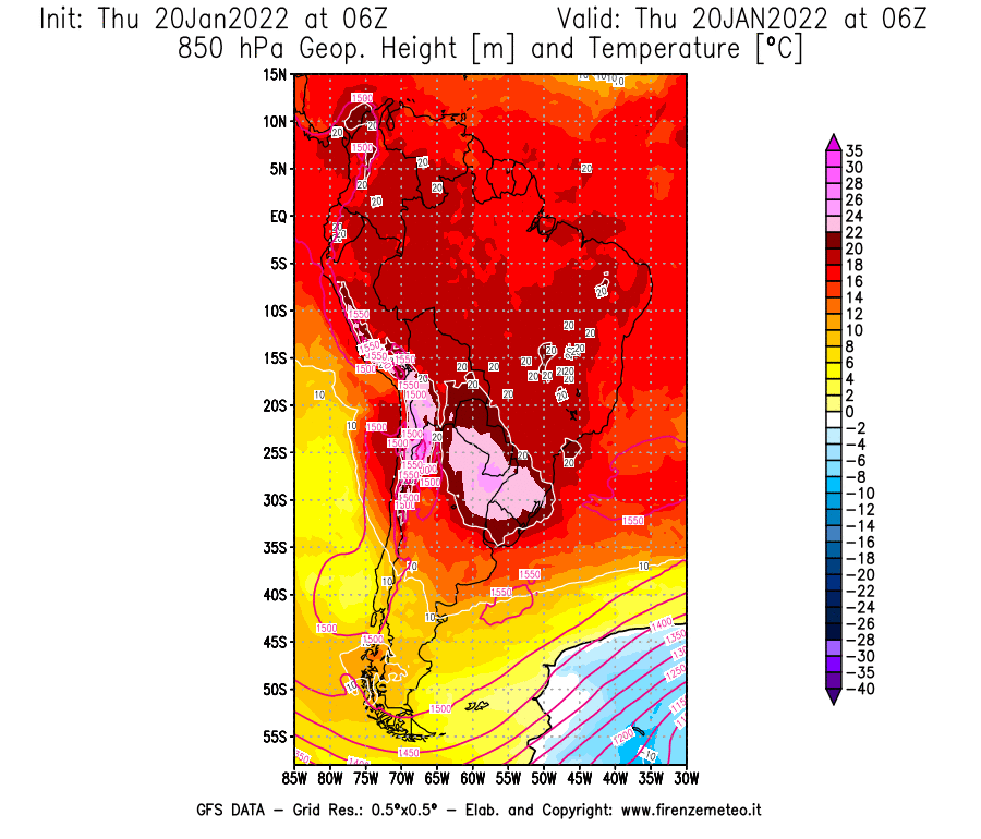 Mappa di analisi GFS - Geopotenziale [m] e Temperatura [°C] a 850 hPa in Sud-America
							del 20/01/2022 06 <!--googleoff: index-->UTC<!--googleon: index-->