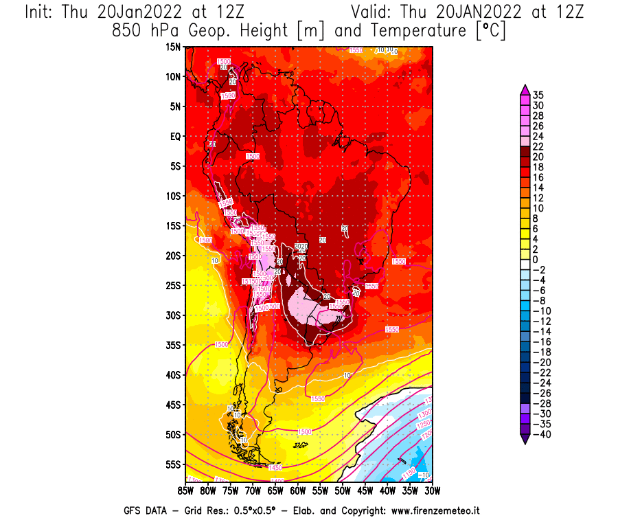 Mappa di analisi GFS - Geopotenziale [m] e Temperatura [°C] a 850 hPa in Sud-America
							del 20/01/2022 12 <!--googleoff: index-->UTC<!--googleon: index-->