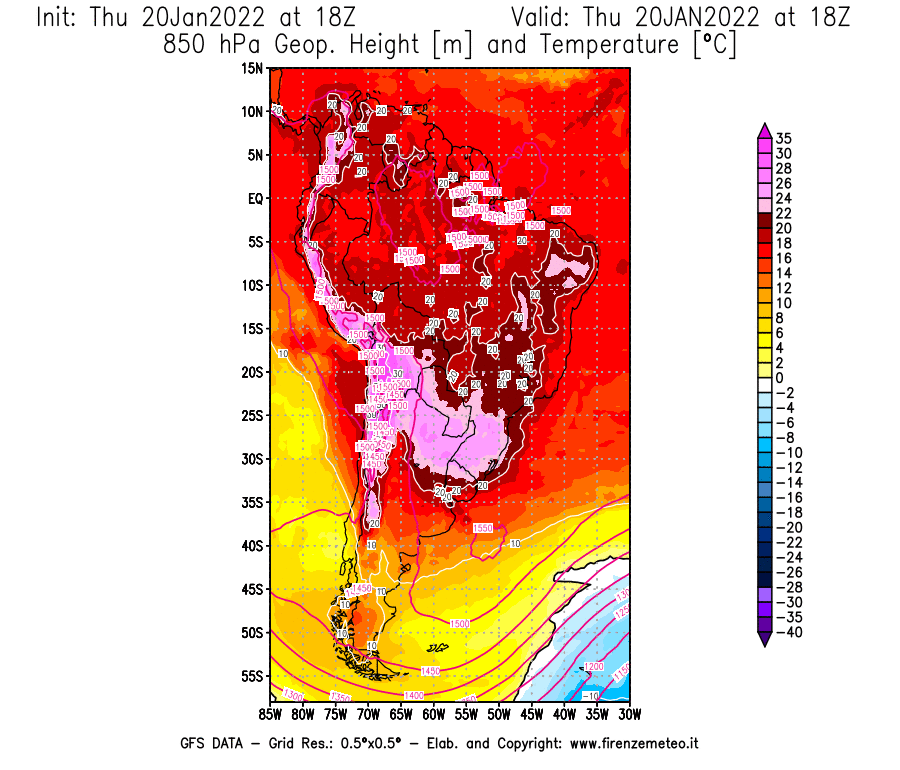 Mappa di analisi GFS - Geopotenziale [m] e Temperatura [°C] a 850 hPa in Sud-America
							del 20/01/2022 18 <!--googleoff: index-->UTC<!--googleon: index-->