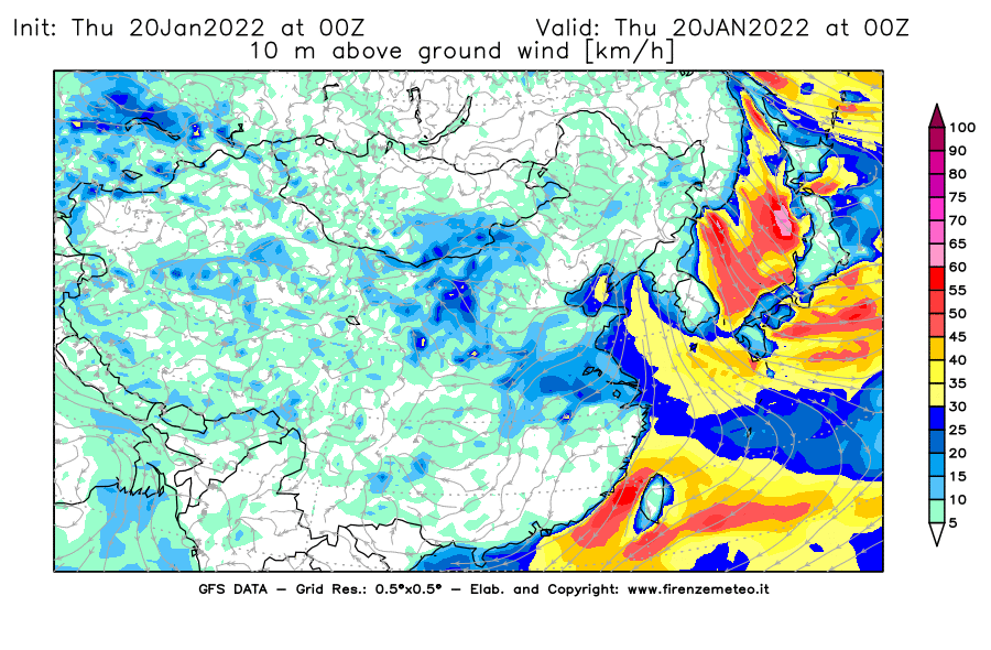 Mappa di analisi GFS - Velocità del vento a 10 metri dal suolo [km/h] in Asia Orientale
							del 20/01/2022 00 <!--googleoff: index-->UTC<!--googleon: index-->