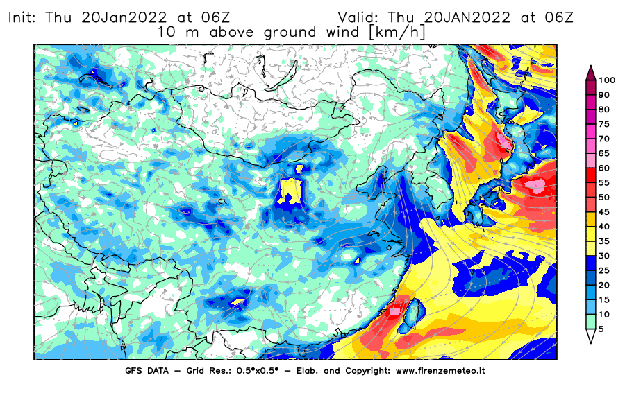 Mappa di analisi GFS - Velocità del vento a 10 metri dal suolo [km/h] in Asia Orientale
							del 20/01/2022 06 <!--googleoff: index-->UTC<!--googleon: index-->