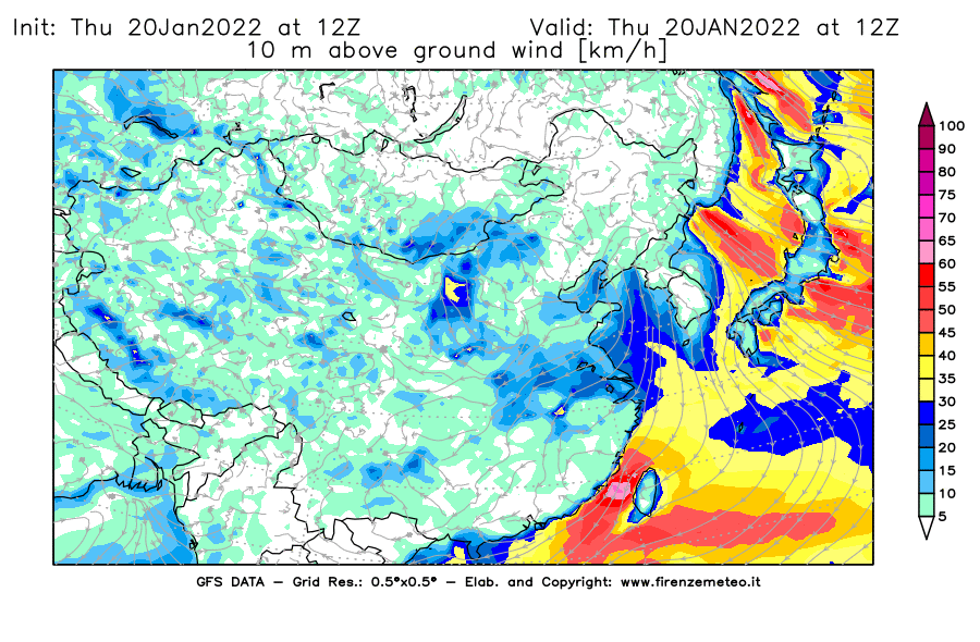 Mappa di analisi GFS - Velocità del vento a 10 metri dal suolo [km/h] in Asia Orientale
							del 20/01/2022 12 <!--googleoff: index-->UTC<!--googleon: index-->