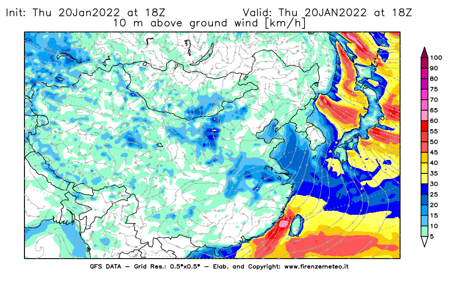 Mappa di analisi GFS - Velocità del vento a 10 metri dal suolo [km/h] in Asia Orientale
							del 20/01/2022 18 <!--googleoff: index-->UTC<!--googleon: index-->