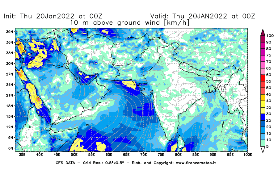Mappa di analisi GFS - Velocità del vento a 10 metri dal suolo [km/h] in Asia Sud-Occidentale
							del 20/01/2022 00 <!--googleoff: index-->UTC<!--googleon: index-->