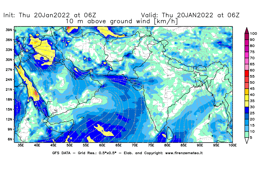Mappa di analisi GFS - Velocità del vento a 10 metri dal suolo [km/h] in Asia Sud-Occidentale
							del 20/01/2022 06 <!--googleoff: index-->UTC<!--googleon: index-->