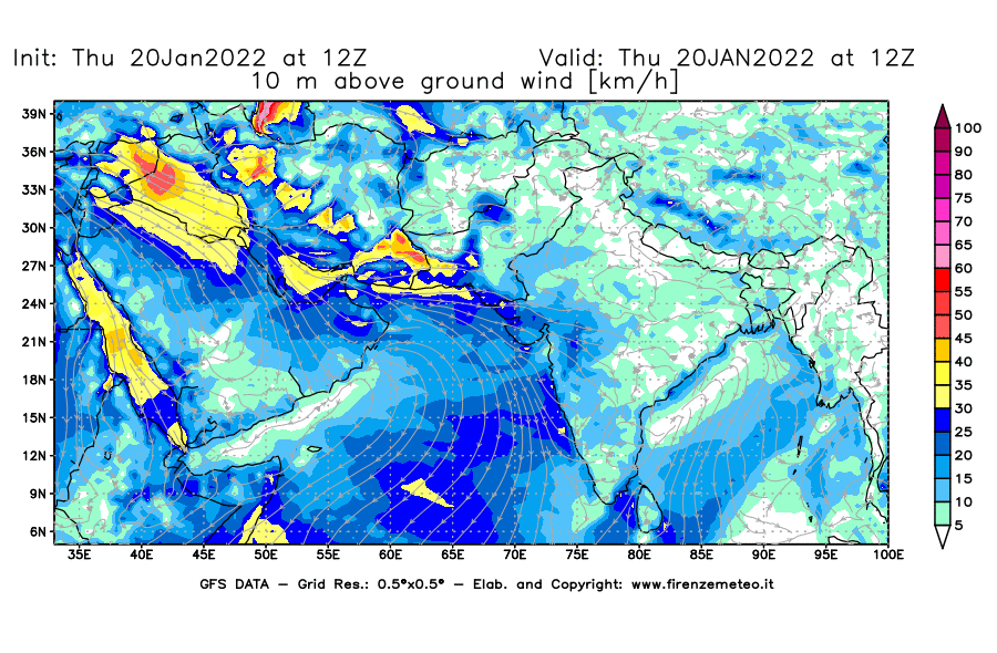 Mappa di analisi GFS - Velocità del vento a 10 metri dal suolo [km/h] in Asia Sud-Occidentale
							del 20/01/2022 12 <!--googleoff: index-->UTC<!--googleon: index-->