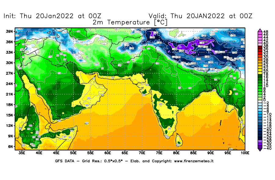 Mappa di analisi GFS - Temperatura a 2 metri dal suolo [°C] in Asia Sud-Occidentale
							del 20/01/2022 00 <!--googleoff: index-->UTC<!--googleon: index-->