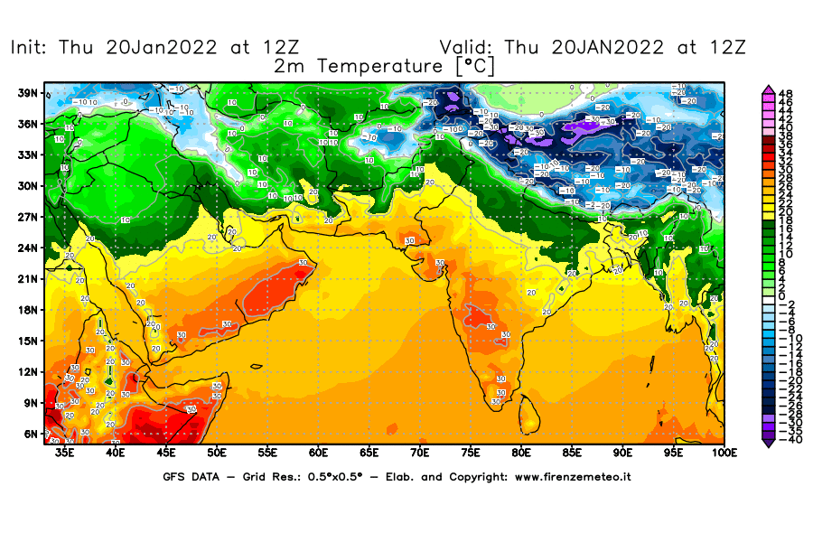 Mappa di analisi GFS - Temperatura a 2 metri dal suolo [°C] in Asia Sud-Occidentale
							del 20/01/2022 12 <!--googleoff: index-->UTC<!--googleon: index-->