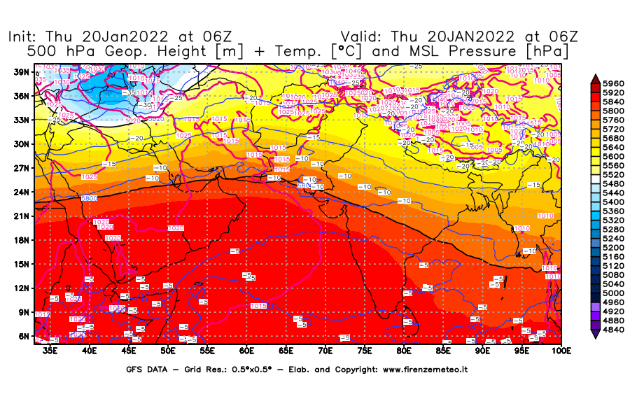 Mappa di analisi GFS - Geopotenziale [m] + Temp. [°C] a 500 hPa + Press. a livello del mare [hPa] in Asia Sud-Occidentale
							del 20/01/2022 06 <!--googleoff: index-->UTC<!--googleon: index-->