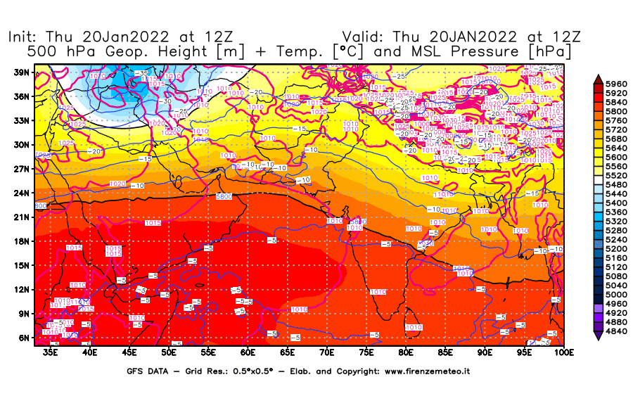 Mappa di analisi GFS - Geopotenziale [m] + Temp. [°C] a 500 hPa + Press. a livello del mare [hPa] in Asia Sud-Occidentale
							del 20/01/2022 12 <!--googleoff: index-->UTC<!--googleon: index-->