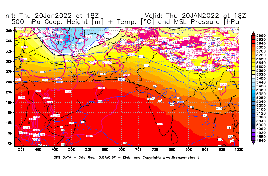 Mappa di analisi GFS - Geopotenziale [m] + Temp. [°C] a 500 hPa + Press. a livello del mare [hPa] in Asia Sud-Occidentale
							del 20/01/2022 18 <!--googleoff: index-->UTC<!--googleon: index-->