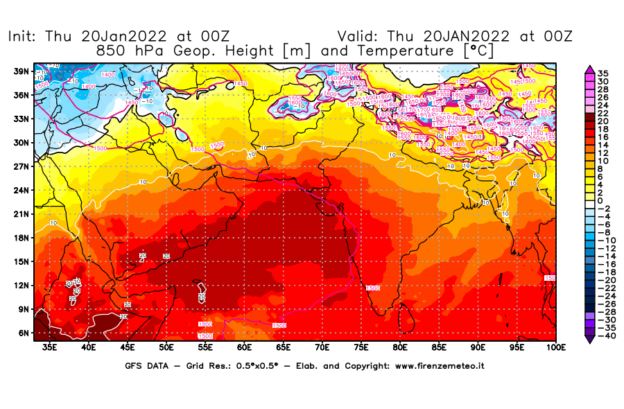 Mappa di analisi GFS - Geopotenziale [m] e Temperatura [°C] a 850 hPa in Asia Sud-Occidentale
							del 20/01/2022 00 <!--googleoff: index-->UTC<!--googleon: index-->