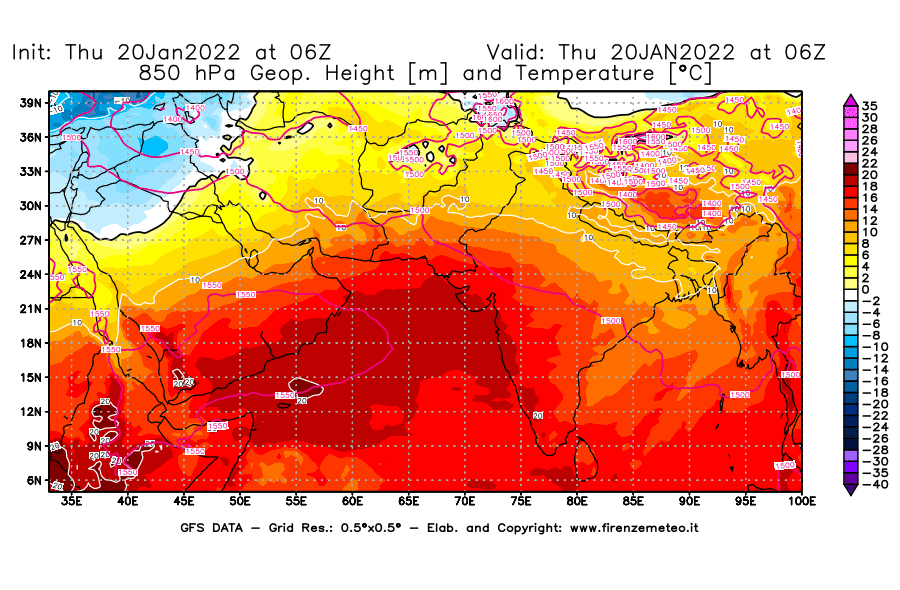 Mappa di analisi GFS - Geopotenziale [m] e Temperatura [°C] a 850 hPa in Asia Sud-Occidentale
							del 20/01/2022 06 <!--googleoff: index-->UTC<!--googleon: index-->