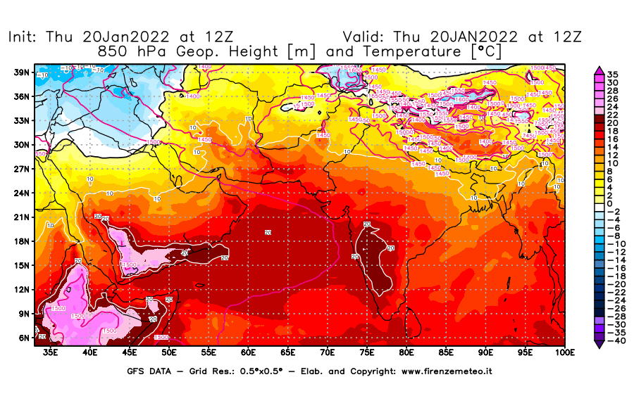 Mappa di analisi GFS - Geopotenziale [m] e Temperatura [°C] a 850 hPa in Asia Sud-Occidentale
							del 20/01/2022 12 <!--googleoff: index-->UTC<!--googleon: index-->