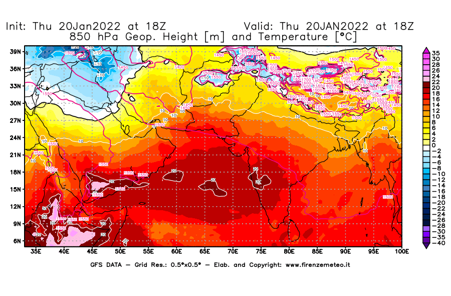 Mappa di analisi GFS - Geopotenziale [m] e Temperatura [°C] a 850 hPa in Asia Sud-Occidentale
							del 20/01/2022 18 <!--googleoff: index-->UTC<!--googleon: index-->