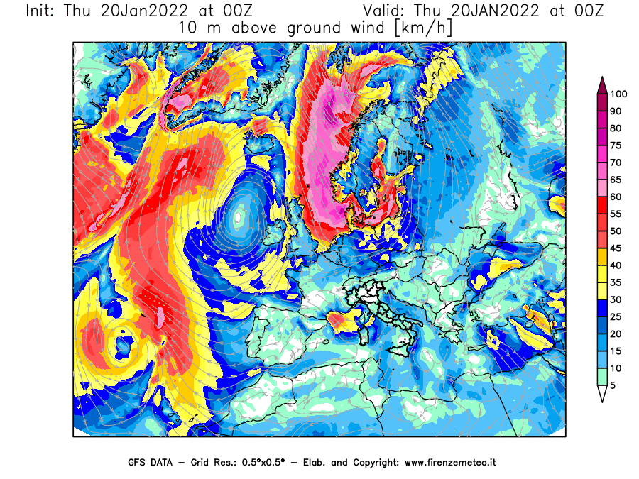 Mappa di analisi GFS - Velocità del vento a 10 metri dal suolo [km/h] in Europa
							del 20/01/2022 00 <!--googleoff: index-->UTC<!--googleon: index-->