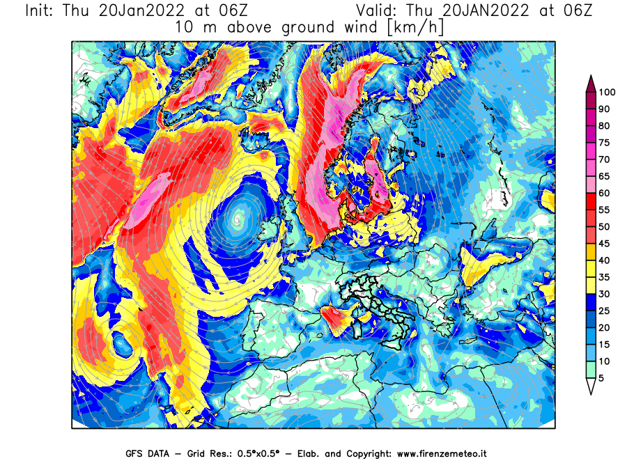 Mappa di analisi GFS - Velocità del vento a 10 metri dal suolo [km/h] in Europa
							del 20/01/2022 06 <!--googleoff: index-->UTC<!--googleon: index-->