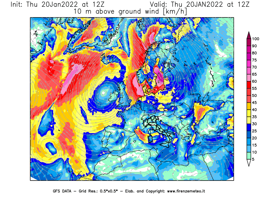 Mappa di analisi GFS - Velocità del vento a 10 metri dal suolo [km/h] in Europa
							del 20/01/2022 12 <!--googleoff: index-->UTC<!--googleon: index-->