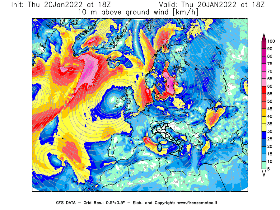Mappa di analisi GFS - Velocità del vento a 10 metri dal suolo [km/h] in Europa
							del 20/01/2022 18 <!--googleoff: index-->UTC<!--googleon: index-->