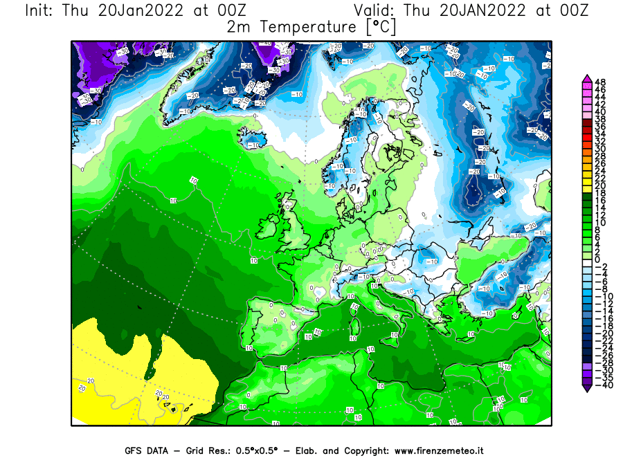 Mappa di analisi GFS - Temperatura a 2 metri dal suolo [°C] in Europa
							del 20/01/2022 00 <!--googleoff: index-->UTC<!--googleon: index-->
