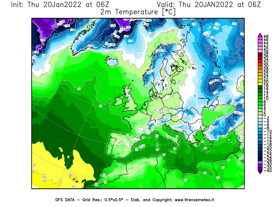 Mappa di analisi GFS - Temperatura a 2 metri dal suolo [°C] in Europa
							del 20/01/2022 06 <!--googleoff: index-->UTC<!--googleon: index-->