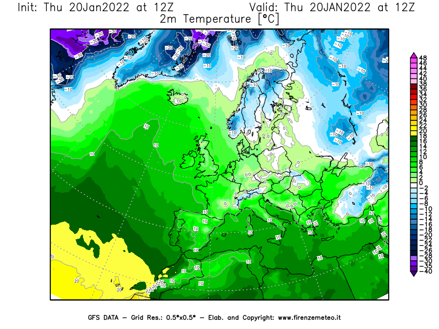 Mappa di analisi GFS - Temperatura a 2 metri dal suolo [°C] in Europa
							del 20/01/2022 12 <!--googleoff: index-->UTC<!--googleon: index-->
