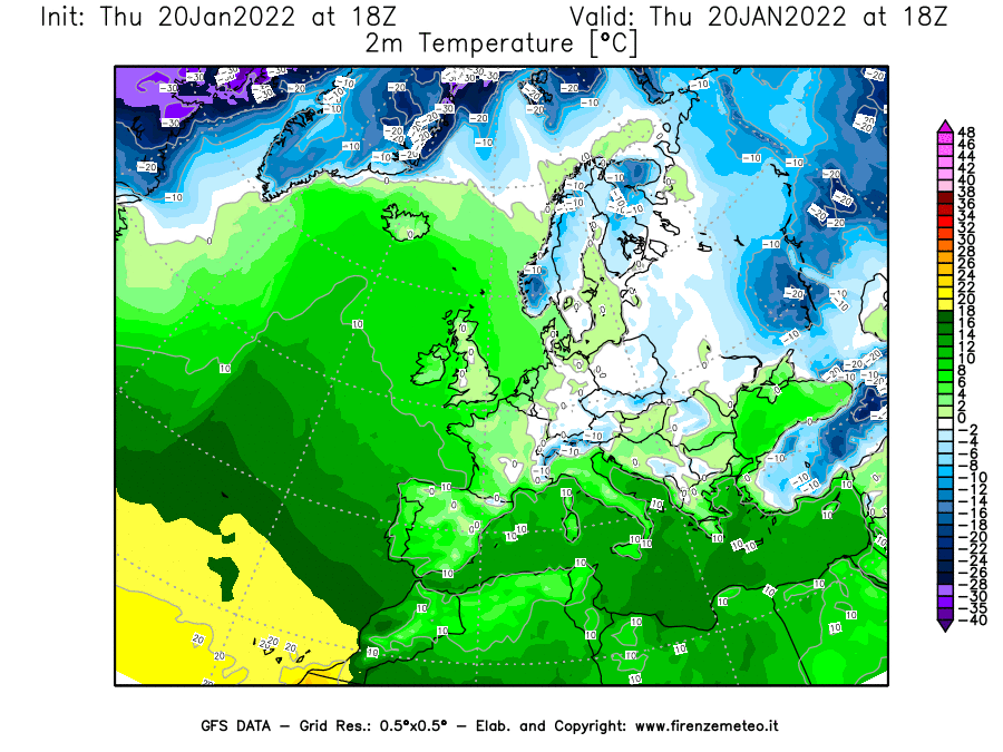 Mappa di analisi GFS - Temperatura a 2 metri dal suolo [°C] in Europa
							del 20/01/2022 18 <!--googleoff: index-->UTC<!--googleon: index-->