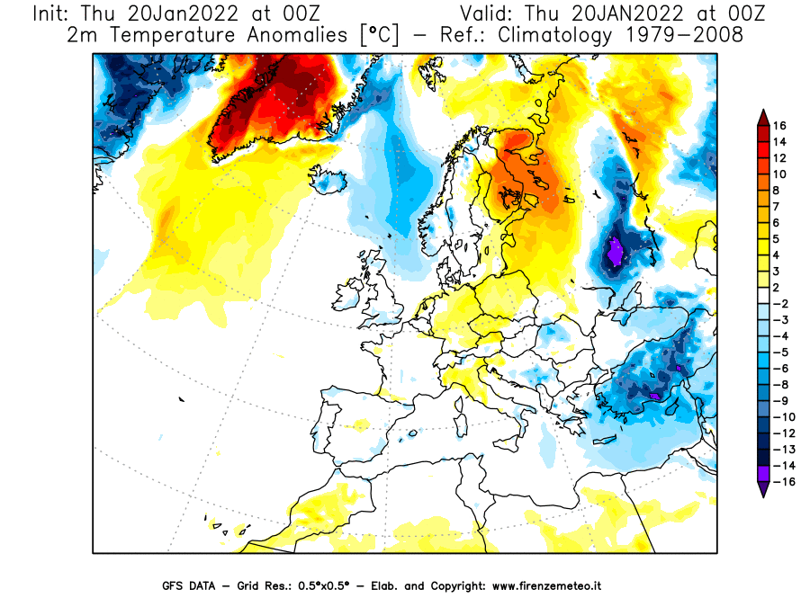 Mappa di analisi GFS - Anomalia Temperatura [°C] a 2 m in Europa
							del 20/01/2022 00 <!--googleoff: index-->UTC<!--googleon: index-->