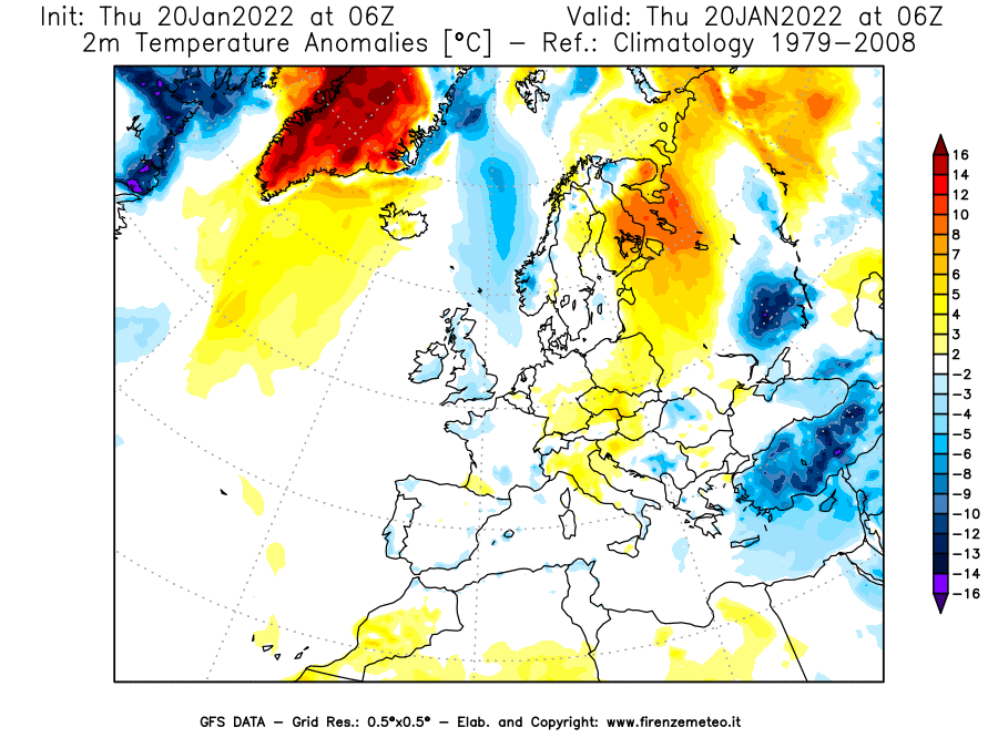 Mappa di analisi GFS - Anomalia Temperatura [°C] a 2 m in Europa
							del 20/01/2022 06 <!--googleoff: index-->UTC<!--googleon: index-->