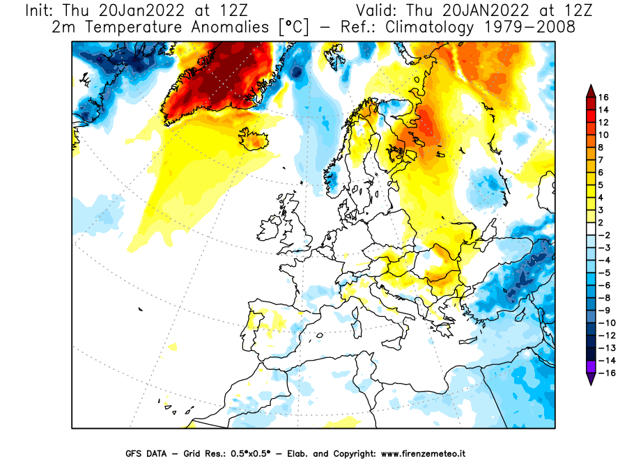 Mappa di analisi GFS - Anomalia Temperatura [°C] a 2 m in Europa
							del 20/01/2022 12 <!--googleoff: index-->UTC<!--googleon: index-->