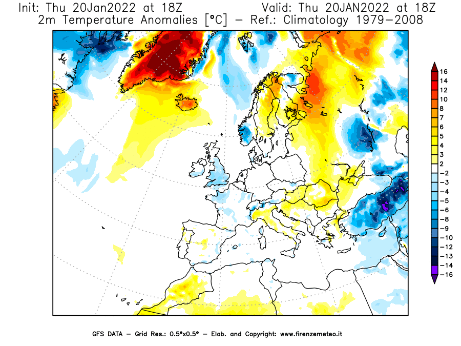 Mappa di analisi GFS - Anomalia Temperatura [°C] a 2 m in Europa
							del 20/01/2022 18 <!--googleoff: index-->UTC<!--googleon: index-->